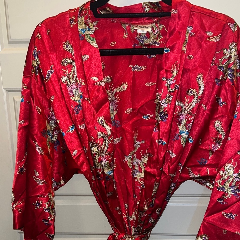Frederick's Hollywood Red Silk kimono floral Robe vintage romantic - Picture 5 of 9
